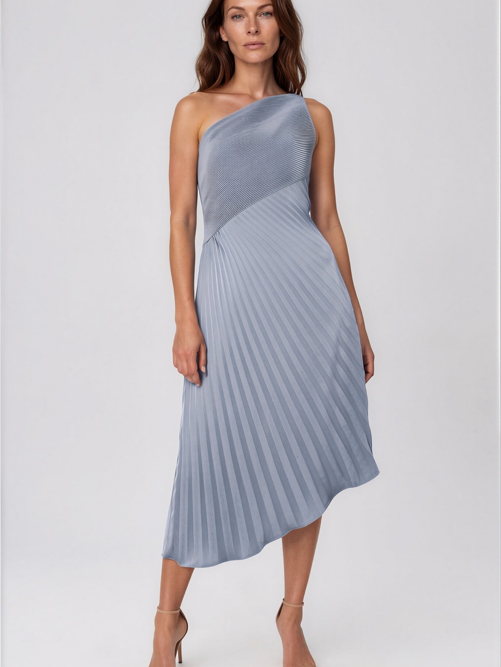 Asymmetric One-Shoulder Pleated Midi Dress in Soft Gray-Blue
